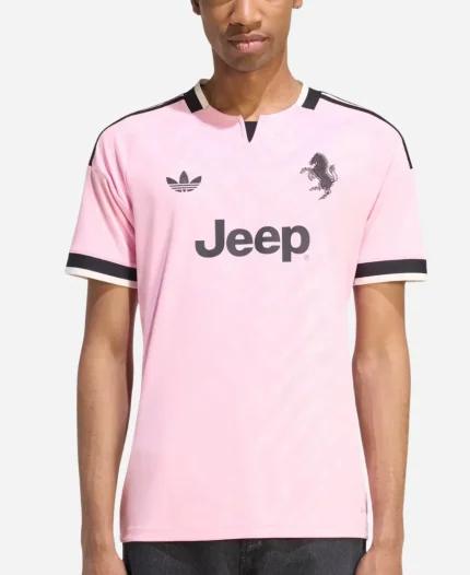Close-up front view of Adidas Juventus 26/27 Away Jersey with pink and black design