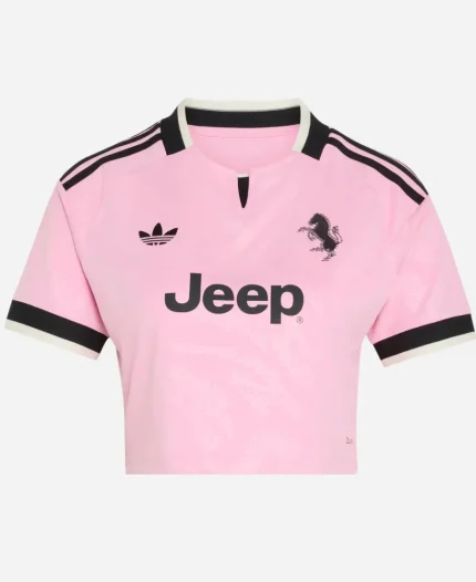 Front view of the Adidas Juventus 26/27 Womens Away Cropped Soccer Shirt in true pink featuring premium polyester fabric, V-notch collar, Juventus crest, Adidas logo, and sublimated graphics.