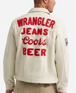 Back view of white Wrangler Coors Banquet Pinnacle jacket showing red embroidered Wrangler Jeans Coors Beer text.