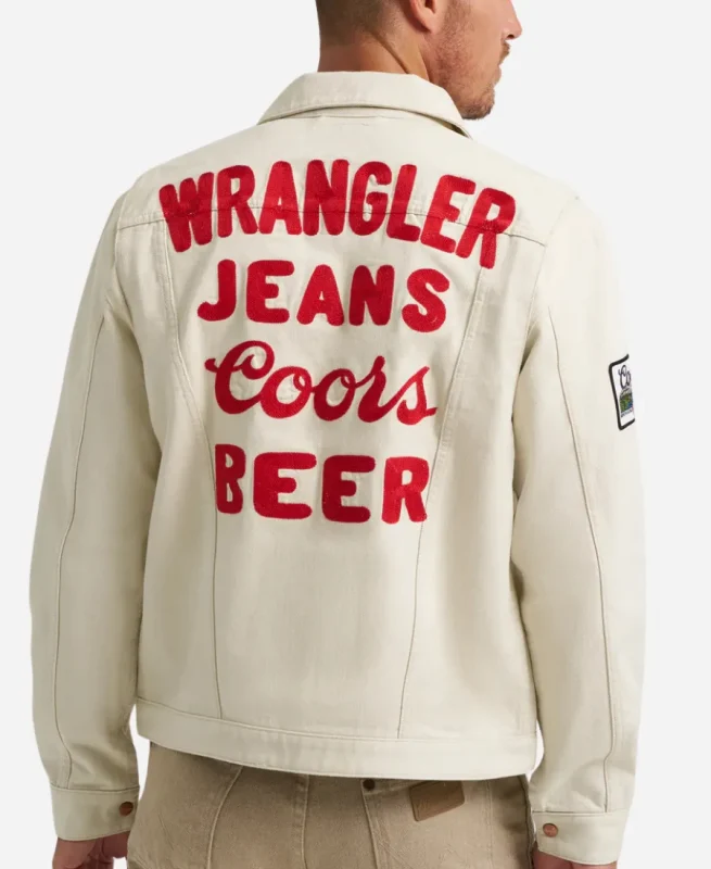 Back view of white Wrangler Coors Banquet Pinnacle jacket showing red embroidered Wrangler Jeans Coors Beer text.
