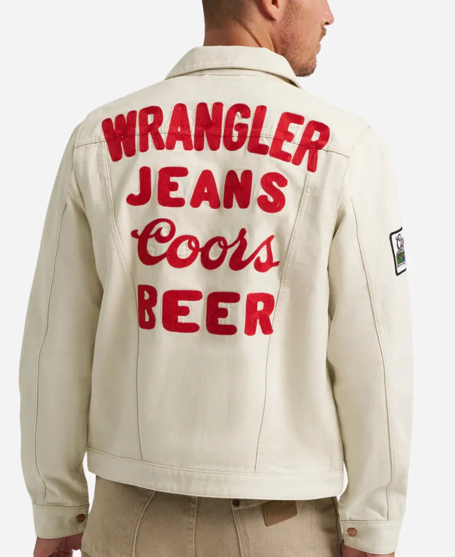 Coors Banquet x Wrangler White Jacket Back View Back view of white Wrangler Coors Banquet Pinnacle jacket showing red embroidered Wrangler Jeans Coors Beer text.