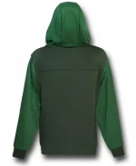 Back view of the Doctor Doom Green Hooded Jacket Costume Hoodie featuring a green hood, contrasting black upper panel, and rib-knitted waistband.