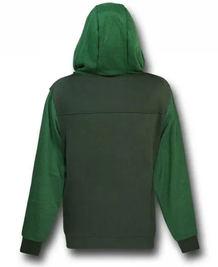 Back view of the Doctor Doom Green Hooded Jacket Costume Hoodie featuring a green hood, contrasting black upper panel, and rib-knitted waistband.