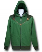 Front view of the Doctor Doom Green Hooded Jacket Costume Hoodie featuring a green textured fleece design, hooded collar, zipper closure, decorative chain, and ribbed cuffs.