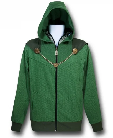 Front view of the Doctor Doom Green Hooded Jacket Costume Hoodie featuring a green textured fleece design, hooded collar, zipper closure, decorative chain, and ribbed cuffs.