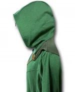 Side profile of the Doctor Doom Green Hooded Jacket Costume Hoodie displaying the textured hood, shoulder panel, long sleeve, and fitted silhouette.