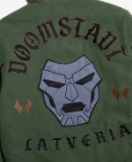 Back view of the Marvel Doctor Doom Army Hooded Varsity Jacket featuring large Doctor Doom mask embroidery and Doomstadt Latveria graphics.