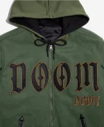 Front view of the Marvel Doctor Doom Army Hooded Varsity Jacket in dark green with hood, zipper closure, embroidered DOOM lettering, and kangaroo pockets.