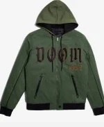 Close-up front detail of the Marvel Doctor Doom Army Hooded Varsity Jacket featuring embroidered DOOM Army lettering, zipper closure, and hood.