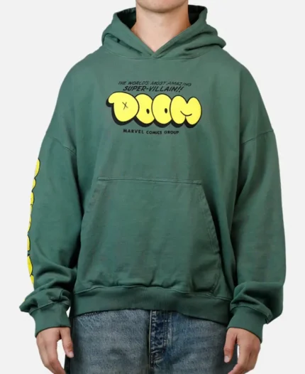 Front view of the Marvel Fantastic Four Doctor Doom Villain Premium Hoodie in green featuring a hooded design and kangaroo pocket.