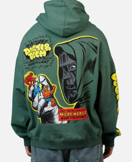 Detailed rear view of the Marvel Fantastic Four Doctor Doom Villain Premium Hoodie with comic-inspired back print.