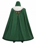 Back view of the Marvel Rivals Doctor Doom hooded cape featuring a dark green cloak, white faux fur collar, and embroidered gold back detailing.