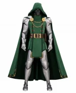 Front view of the Marvel Rivals Doctor Doom Victor Von Doom Cosplay Costume featuring a hooded cape, faux fur collar, metallic chain, armor, and green tunic.