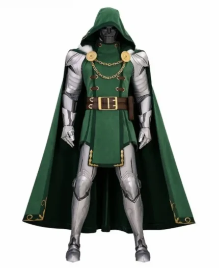 Front view of the Marvel Rivals Doctor Doom Victor Von Doom Cosplay Costume featuring a hooded cape, faux fur collar, metallic chain, armor, and green tunic.