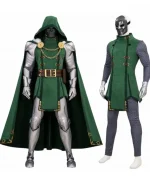 Full view of the Marvel Rivals Doctor Doom Victor Von Doom Cosplay Costume featuring a dark green hooded cape, armored tunic, silver mask, and complete costume set.