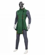 Front view of the Marvel Rivals Doctor Doom tunic featuring a green sleeveless top, high collar, decorative fasteners, and chainmail-style sleeves.