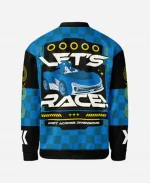 Back view of the Sega Varsity Jacket Inspired by Sonic The Hedgehog Blue Bomber Jacket featuring large Sonic racing car artwork and bold Lets Race graphics.