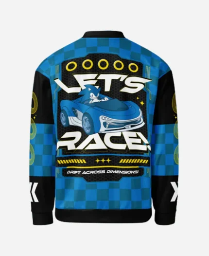 Back view of the Sega Varsity Jacket Inspired by Sonic The Hedgehog Blue Bomber Jacket featuring large Sonic racing car artwork and bold Lets Race graphics.