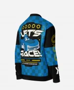 Angled back view of the Sega Varsity Jacket Inspired by Sonic The Hedgehog Blue Bomber Jacket displaying large Lets Race artwork with Sonic racing graphics.