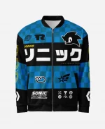Front view of the Sega Varsity Jacket Inspired by Sonic The Hedgehog Blue Bomber Jacket featuring blue and black sublimated graphics, rib-knit collar, YKK zipper, and racing-inspired artwork.