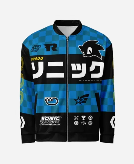 Front view of the Sega Varsity Jacket Inspired by Sonic The Hedgehog Blue Bomber Jacket featuring blue and black sublimated graphics, rib-knit collar, YKK zipper, and racing-inspired artwork.