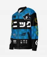 Angled front view of the Sega Varsity Jacket Inspired by Sonic The Hedgehog Blue Bomber Jacket showcasing Sonic graphics, blue checkerboard print, YKK zipper, and rib-knit trim.