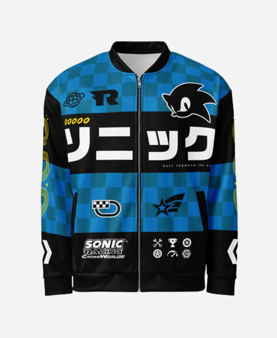Sega Varsity Jacket Inspired by Sonic The Hedgehog Blue Bomber Jacket Front View Front view of the Sega Varsity Jacket Inspired by Sonic The Hedgehog Blue Bomber Jacket featuring blue and black sublimated graphics, rib-knit collar, YKK zipper, and racing-inspired artwork.