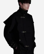 SuperGroupies Bloodborne Hunter Model Jacket front angled view with high stand collar, toggle closures and adjustable cuff straps