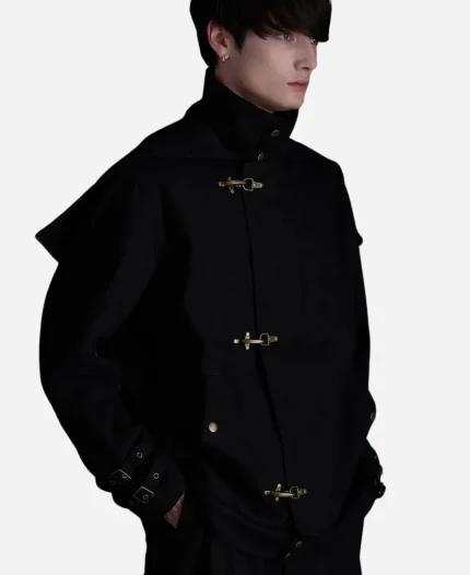 SuperGroupies Bloodborne Hunter Model Jacket front angled view with high stand collar, toggle closures and adjustable cuff straps