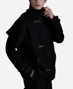SuperGroupies Bloodborne Hunter Model Jacket worn by model showing front design and toggle fasteners