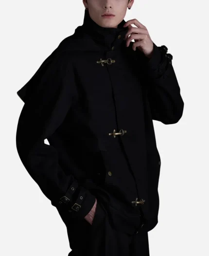 SuperGroupies Bloodborne Hunter Model Jacket worn by model showing front design and toggle fasteners