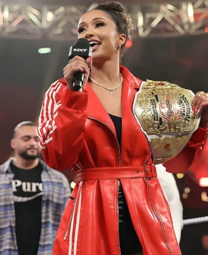 2026 WWE NXT TNA Knockouts Champion Kelani Jordan Adidas 3 Stripes Red Leather Hooded Coat