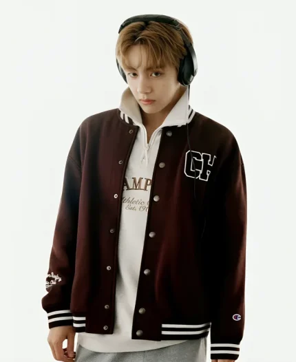 BTS TAEHYUNG x Champion Varsity Jacket - Brown