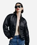 Bardot Fitted Black Satin Bomber Jacket