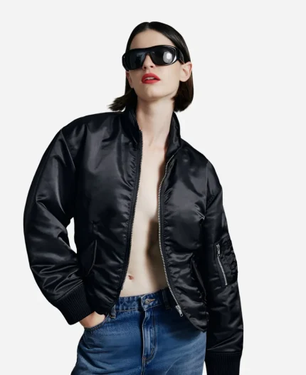 Bardot Fitted Black Satin Bomber Jacket