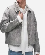 Birth Of Royal Child Rhinestone Zipper Jacket - Grey