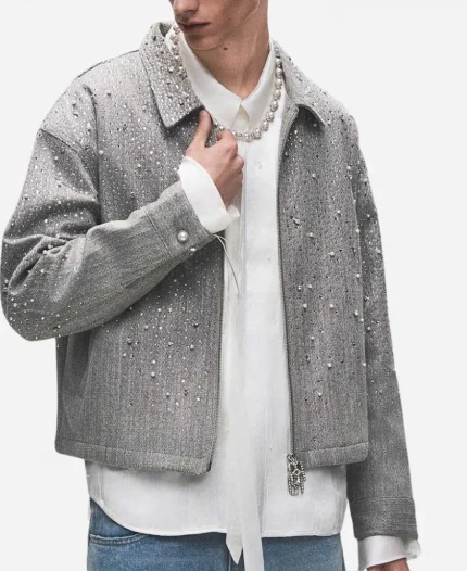 Birth Of Royal Child Rhinestone Zipper Jacket - Grey