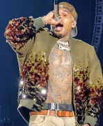  R and B Tour 2026 Gucci Chris Brown Green Embroidered Wool Bomber Sequin Jacket