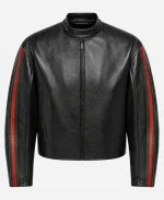 EsDeeKid Gucci Primavera Red And Green Side Strips Black Leather Jacket