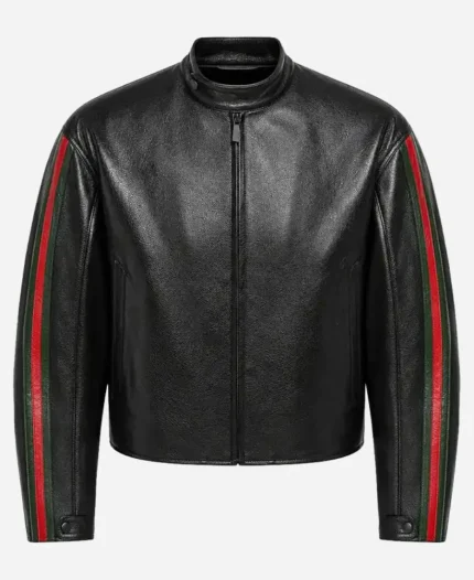 EsDeeKid Gucci Primavera Red And Green Side Strips Black Leather Jacket