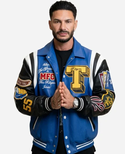 Jersey Shore Family Vacation S09 Pauly D Blue Leather Bomber Jacket