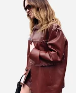 Lily James Fashion Show Milan Tods FW26 Brown Leather Jacket