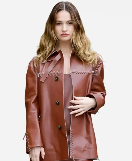Lily James Fashion Show Milan 2026 Tods FW26 Brown Leather Jacket