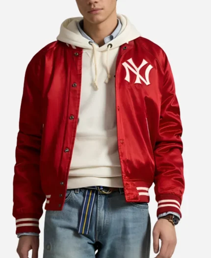 New York Yankees x MLB Polo Ralph Lauren Red Satin Bomber Jacket