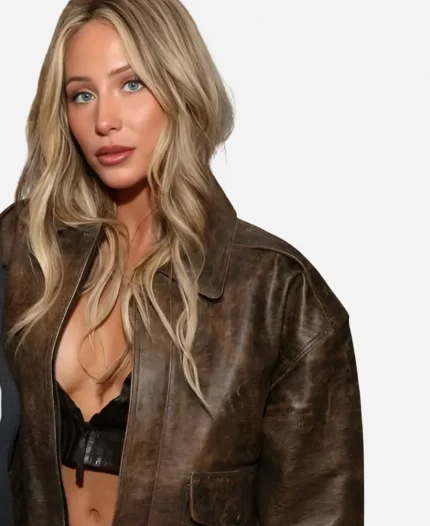 Super Bowl LX Brunch 2026 Alix Earle Halftime Leather Bomber Jacket 