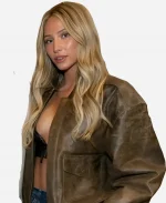Super Bowl LX Brunch Alix Earle Halftime Brown Leather Bomber Jacket 