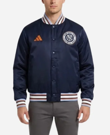 NYC 2026 Adidas Coaches Navy Blue Satin Bomber Jacket