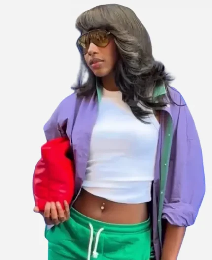 Aniya Harvey at US Open Tennis Purple Bomber Jacket