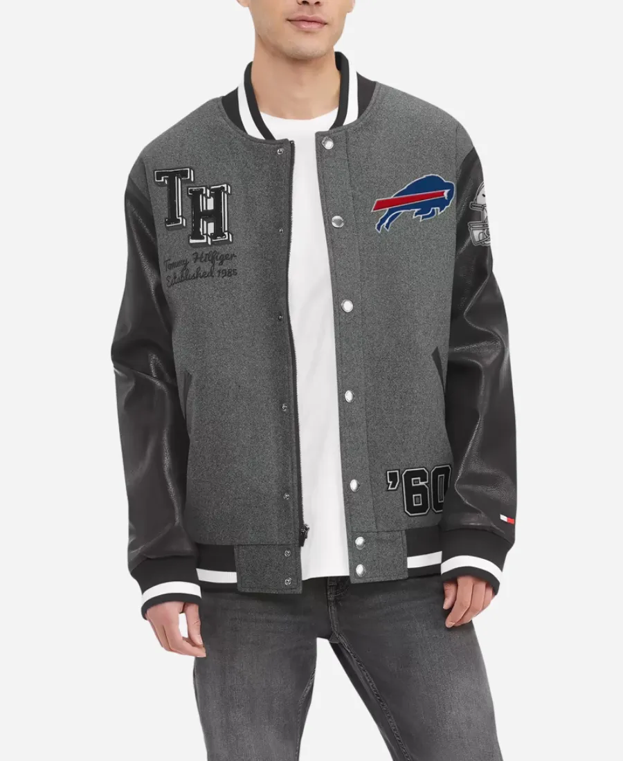 Buffalo Bills Tommy Hilfiger Gunner Varsity Jacket NFL Team Buffalo Bills Tommy Hilfiger Gunner Grey & Black Varsity Jacket