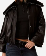 Ck Sadie Sink Black Leather Bomber Jacket